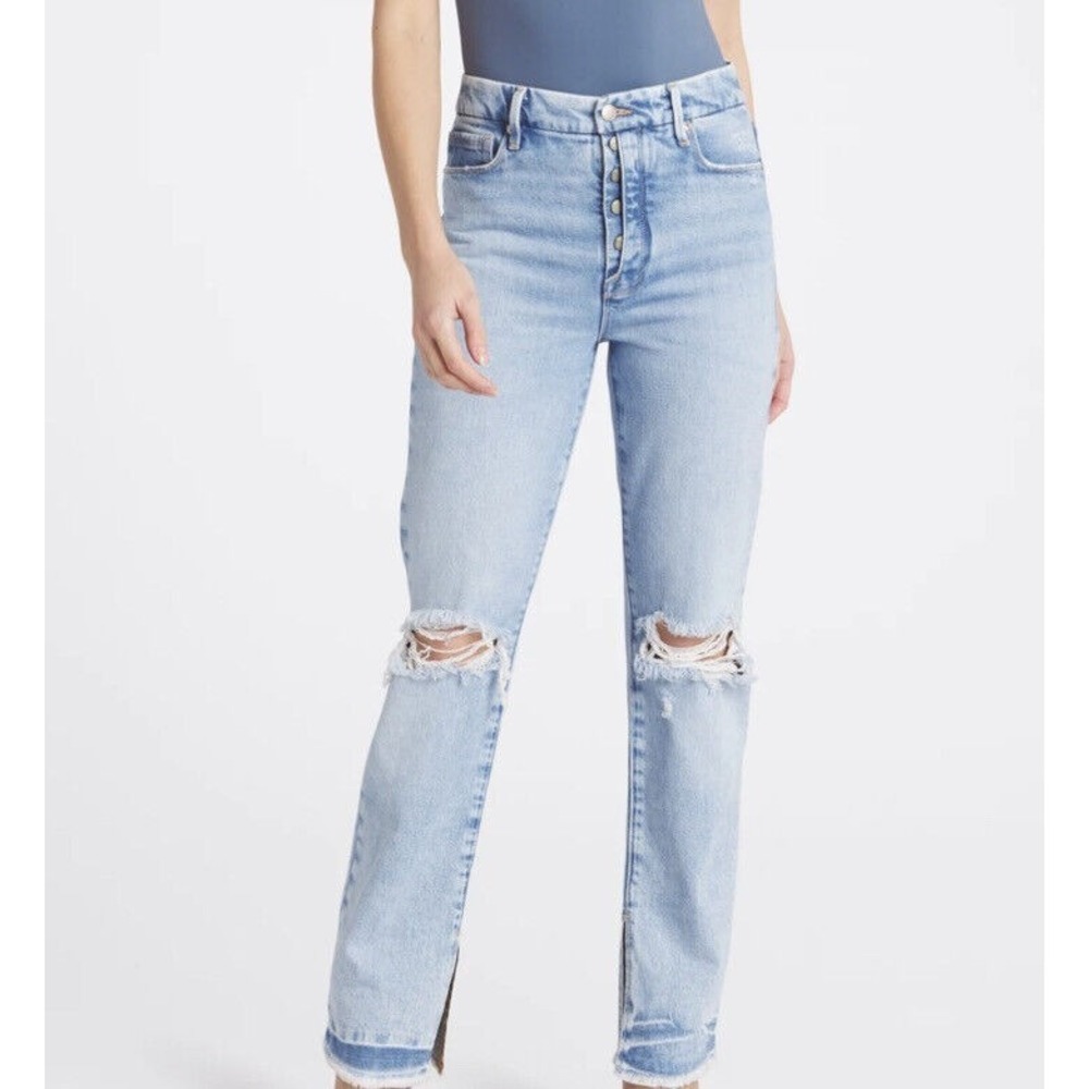 Good American Good Boy Jeans Womens‎ 10 Blue 100% Cotton Distressed Straight Leg